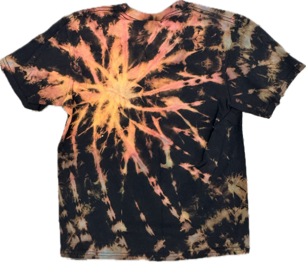 🔥 "Stand Out in Fiery Style – Unique Tie-Dye for Kids." Handmade Spiral Tie-Dye T-Shirt – Youth Medium (Black, Orange & Gold Burst)
