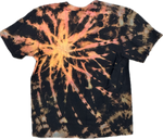 🔥 "Stand Out in Fiery Style – Unique Tie-Dye for Kids." Handmade Spiral Tie-Dye T-Shirt – Youth Medium (Black, Orange & Gold Burst)