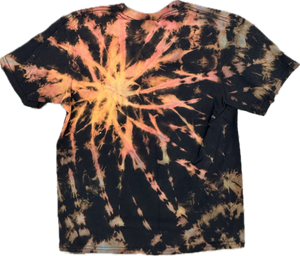 🔥 "Stand Out in Fiery Style – Unique Tie-Dye for Kids." Handmade Spiral Tie-Dye T-Shirt – Youth Medium (Black, Orange & Gold Burst)