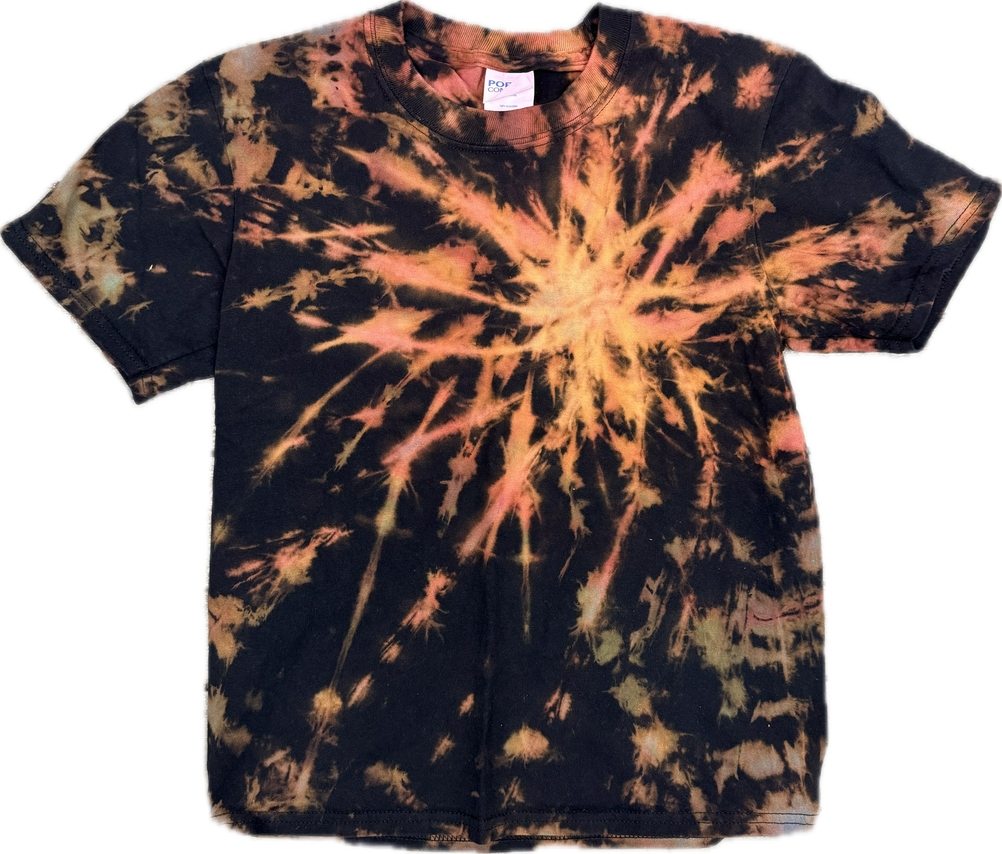 🔥 "Stand Out in Fiery Style – Unique Tie-Dye for Kids." Handmade Spiral Tie-Dye T-Shirt – Youth Medium (Black, Orange & Gold Burst)