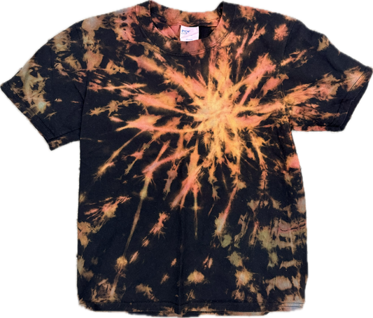 🔥 "Stand Out in Fiery Style – Unique Tie-Dye for Kids." Handmade Spiral Tie-Dye T-Shirt – Youth Medium (Black, Orange & Gold Burst)