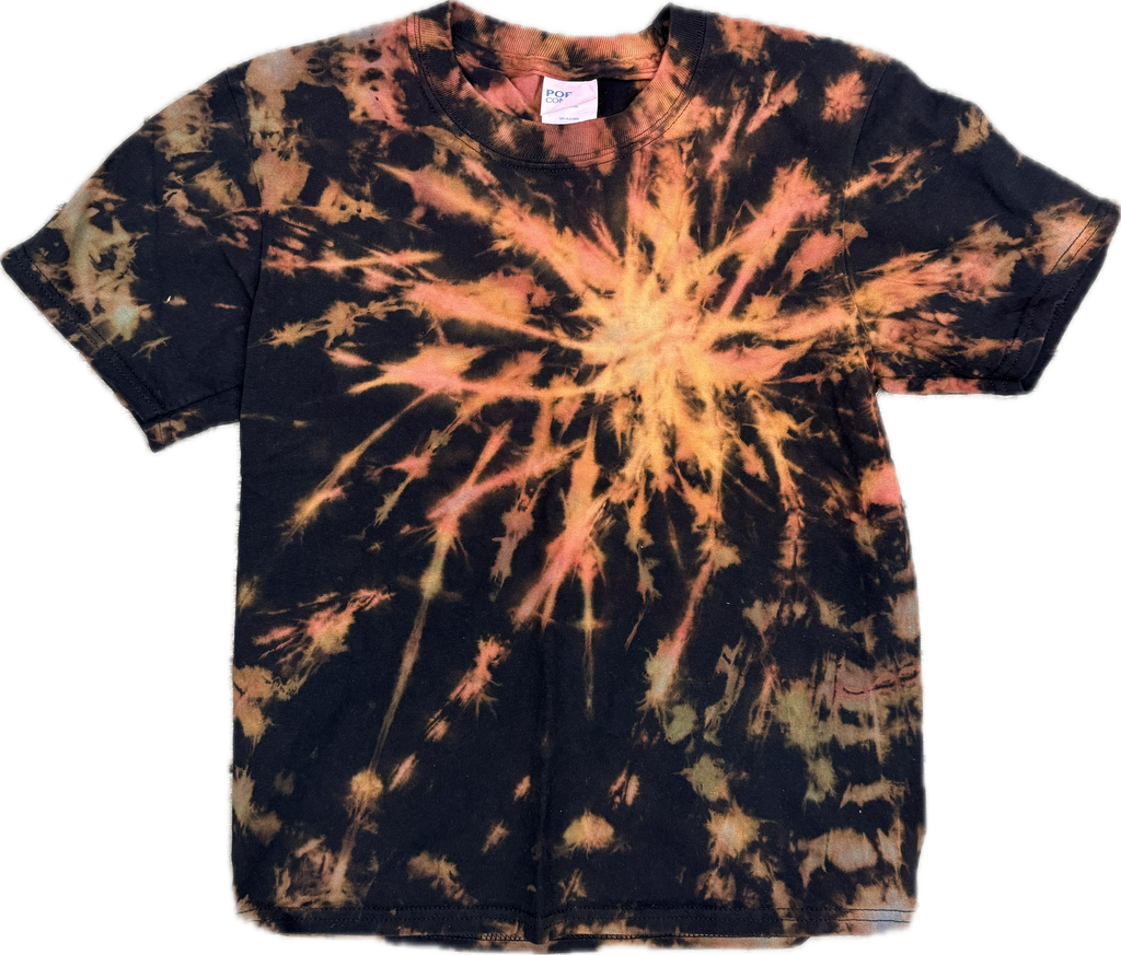 🔥 "Stand Out in Fiery Style – Unique Tie-Dye for Kids." Handmade Spiral Tie-Dye T-Shirt – Youth Medium (Black, Orange & Gold Burst)