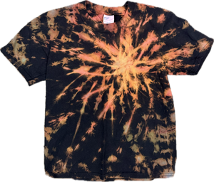 🔥 "Stand Out in Fiery Style – Unique Tie-Dye for Kids." Handmade Spiral Tie-Dye T-Shirt – Youth Medium (Black, Orange & Gold Burst)