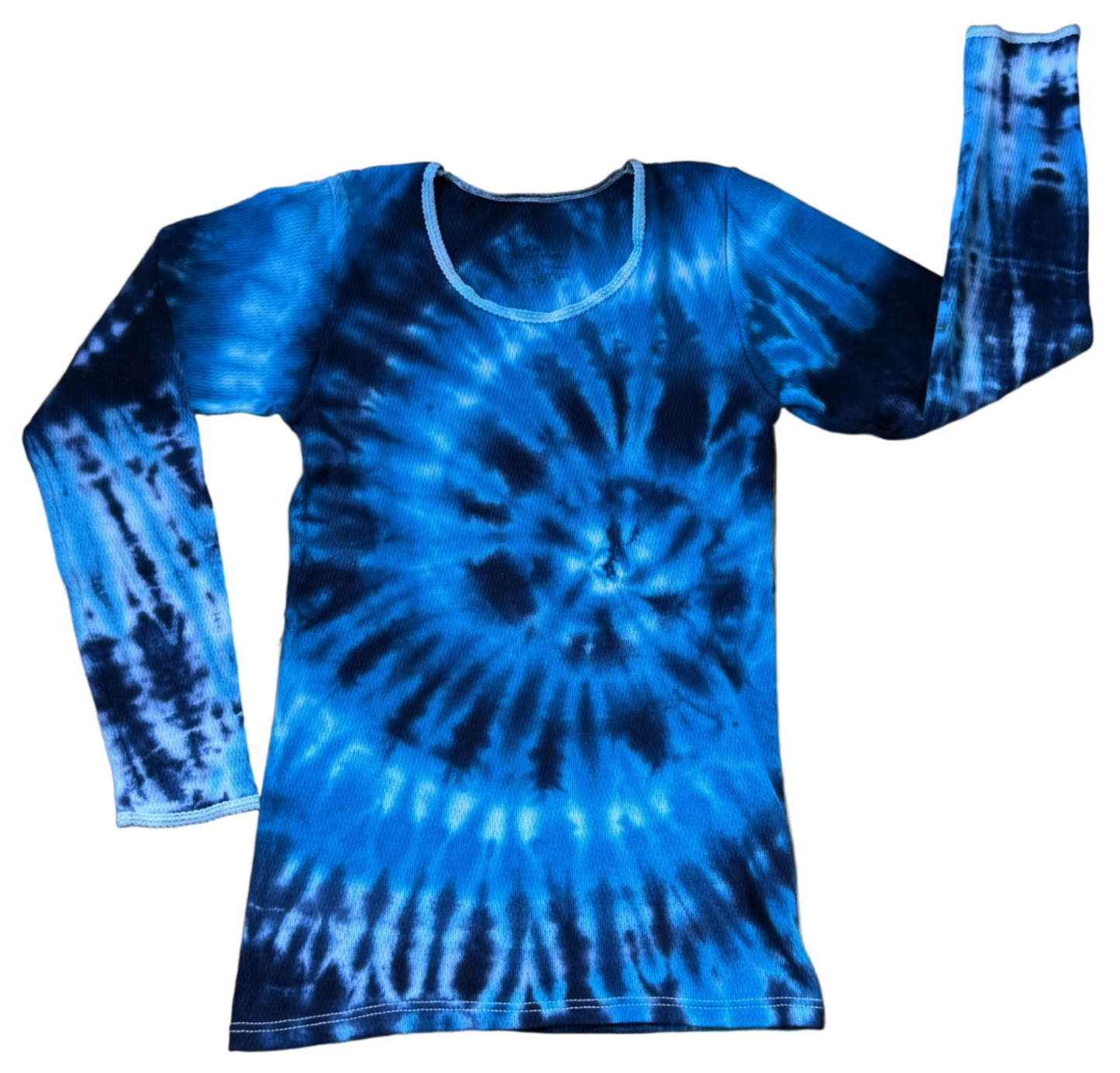 Blue tie-dye long-sleeve shirt on a transparent background