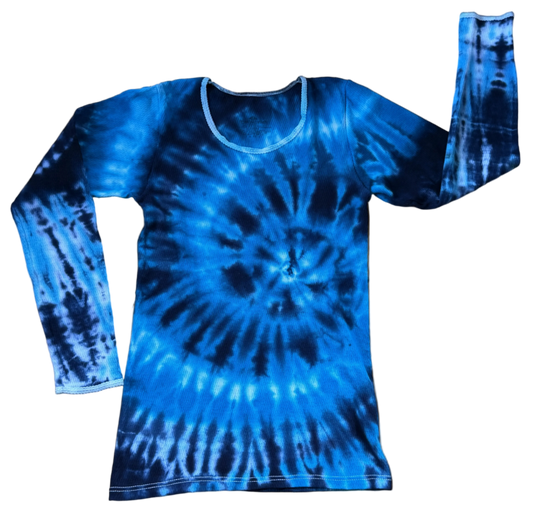 Blue tie-dye long-sleeve shirt on a transparent background