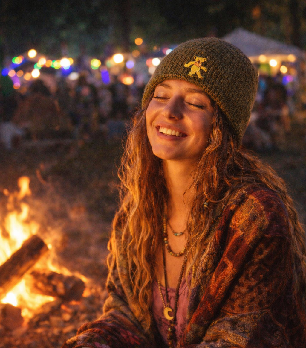 Woman wearing a beanie and patterned shawl by a campfire at a festival.